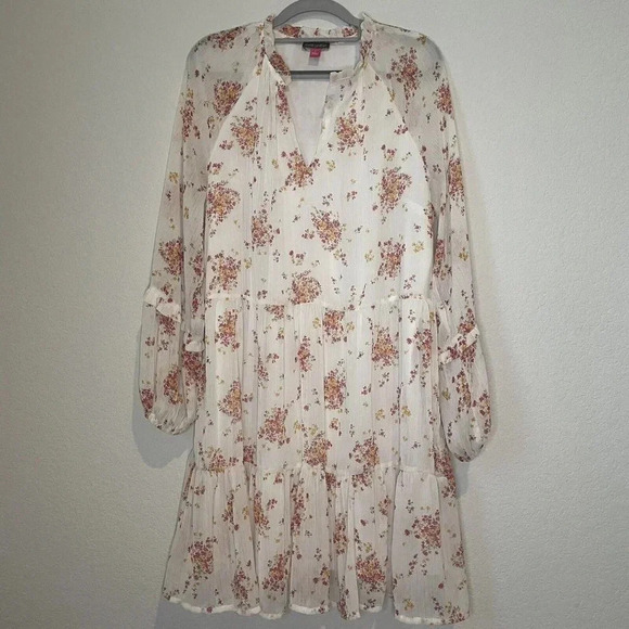 Vince Camuto Womens V-Neck Tiered Ruffle Dress Floral Balloon Sleeve Boho Large - Picture 1 of 9